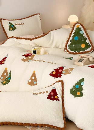 Winter Warm Christmas Tree Four-piece Duvet Set Fleece-lined Thickened
