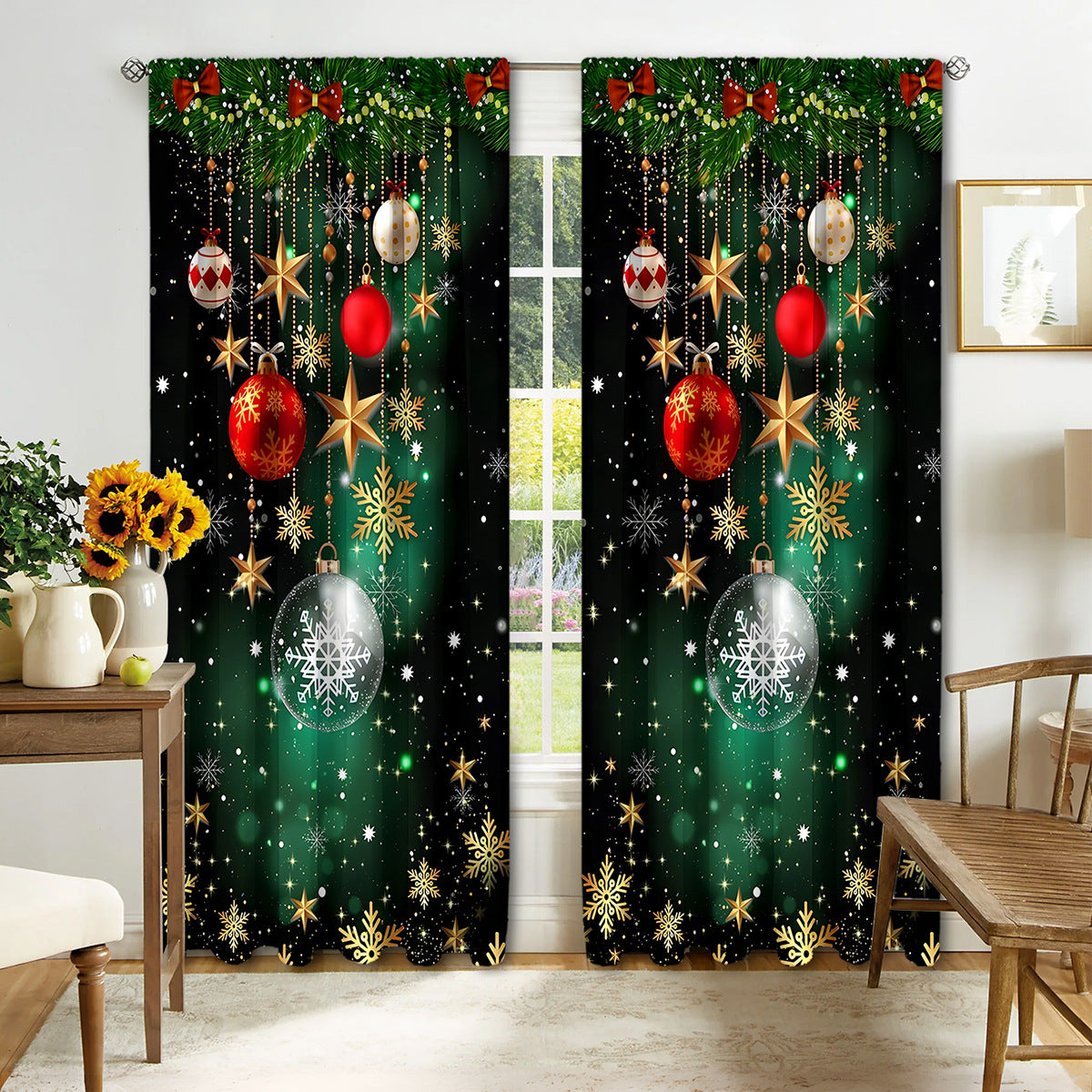 2PCS Christmas Curtain Factory 3D Digital Printing Cross-border Amazon Curtain Hot Selling Flower