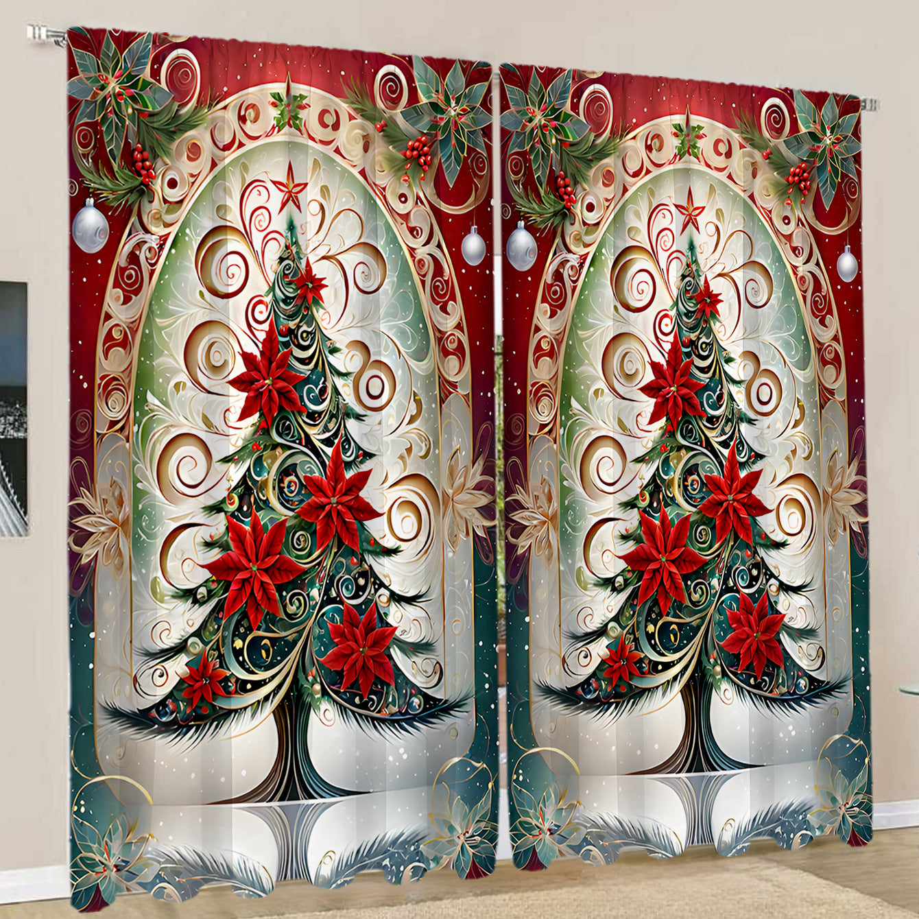 2PCS European Curtain Curtain Christmas Series Curtain Factory 3D Digital Printing Cross-border Amazon Curtain