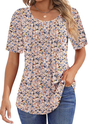 Round Neck Pleated Printed T-shirt - MimiStylez