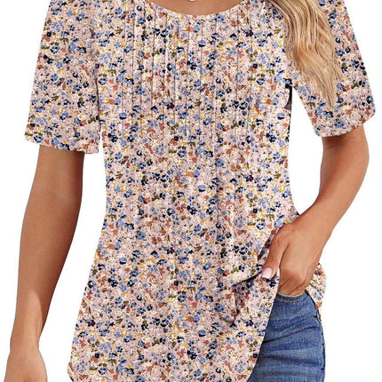 Round Neck Pleated Printed T-shirt - MimiStylez