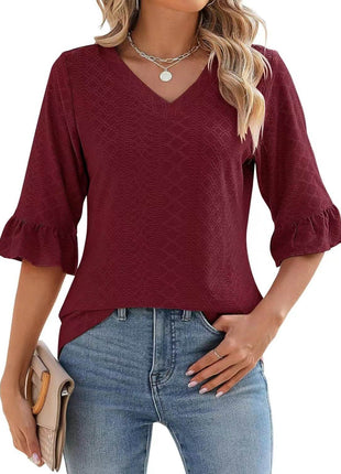Women's Printed Hollow Ruffle Sleeve Casual Short-sleeved Top - MimiStylez