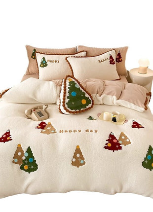 Winter Warm Christmas Tree Four-piece Duvet Set Fleece-lined Thickened