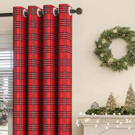 Christmas Classic Plaid Fur Ball Curtain - Christmas Decorative Curtain
