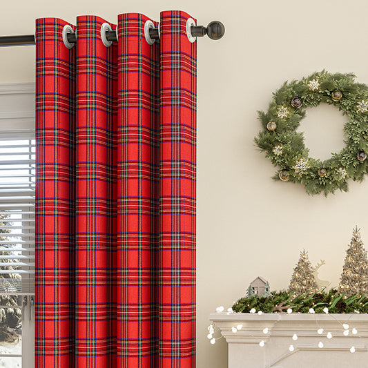 Christmas Classic Plaid Fur Ball Curtain - Christmas Decorative Curtain