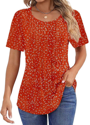 Round Neck Pleated Printed T-shirt - MimiStylez