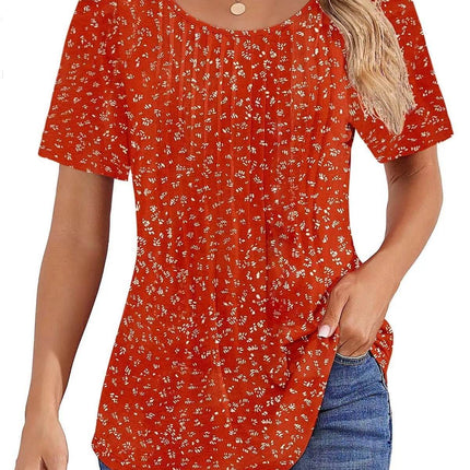 Round Neck Pleated Printed T-shirt - MimiStylez