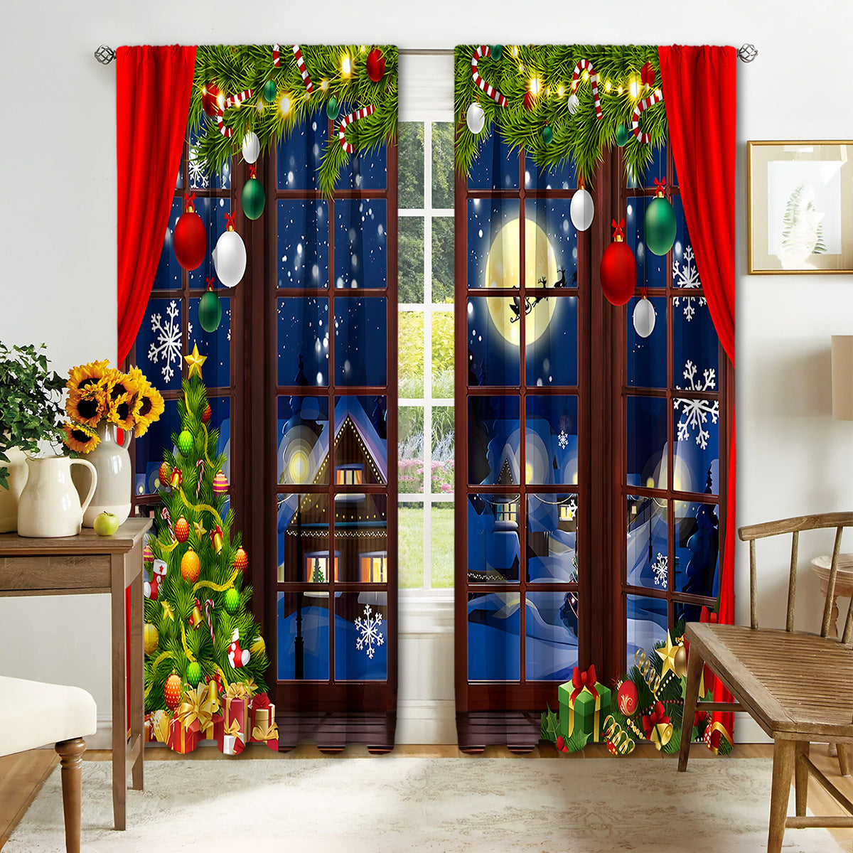 2PCS Christmas Curtain Factory 3D Digital Printing Cross-border Amazon Curtain Hot Selling Flower