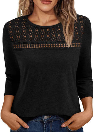 Women's Round Neck Top Lace Hollow Breathable Long Sleeve - MimiStylez