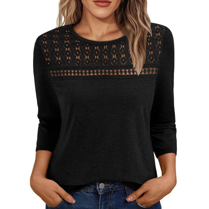 Women's Round Neck Top Lace Hollow Breathable Long Sleeve - MimiStylez