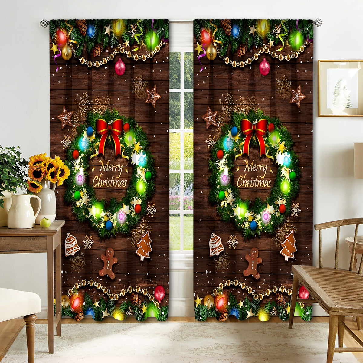 2PCS Christmas Curtain Factory 3D Digital Printing Cross-border Amazon Curtain Hot Selling Flower