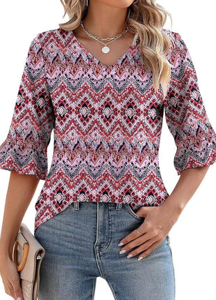 Women's Printed Hollow Ruffle Sleeve Casual Short-sleeved Top - MimiStylez