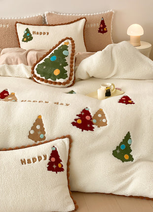 Winter Warm Christmas Tree Four-piece Duvet Set Fleece-lined Thickened