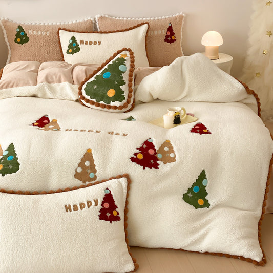 Winter Warm Christmas Tree Four-piece Duvet Set Fleece-lined Thickened