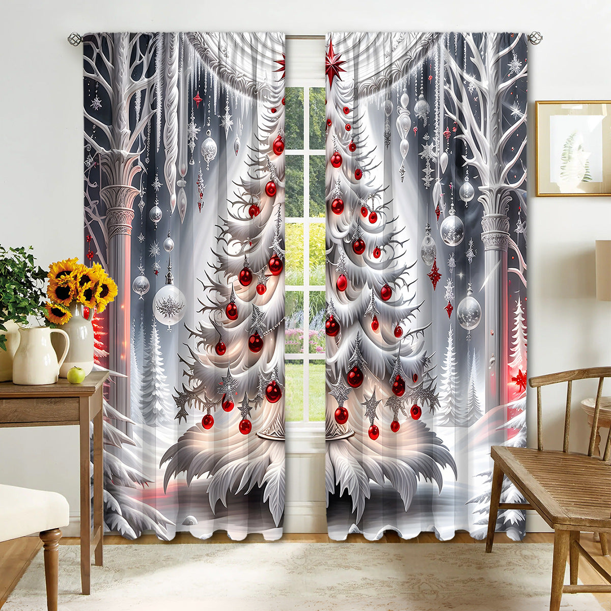 2PCS Christmas Curtain Factory 3D Digital Printing Cross-border Amazon Curtain Hot Selling Flower