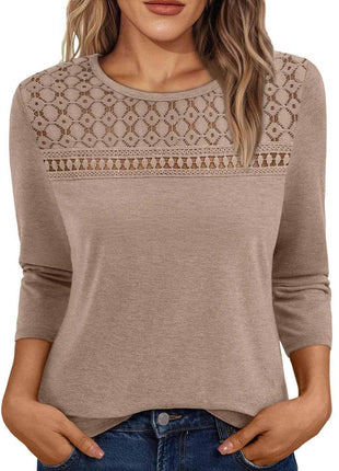 Women's Round Neck Top Lace Hollow Breathable Long Sleeve - MimiStylez
