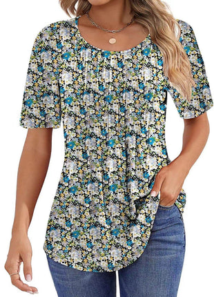 Round Neck Pleated Printed T-shirt - MimiStylez