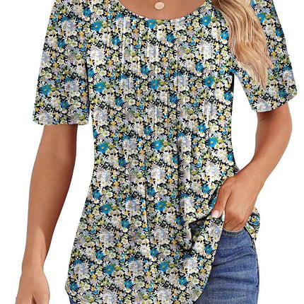 Round Neck Pleated Printed T-shirt - MimiStylez