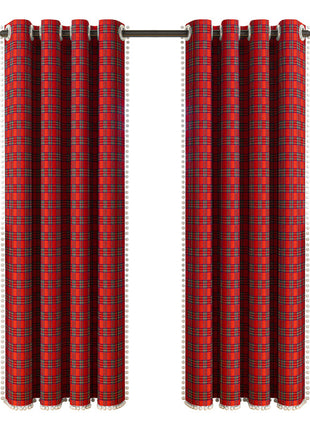 Christmas Classic Plaid Fur Ball Curtain - Christmas Decorative Curtain