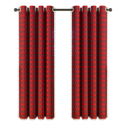Christmas Classic Plaid Fur Ball Curtain - Christmas Decorative Curtain