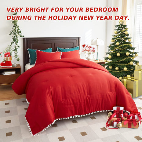 Cross-Border Quilt Kit Red Bohemian Ball Tassel Fat Quilt Chemical Fiber Quilt Quilt Three-Piece Set Manufacturer