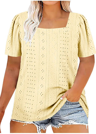 Casual U-neck Solid Color Hollow Loose-fitting T-shirt Top Plus Size - MimiStylez