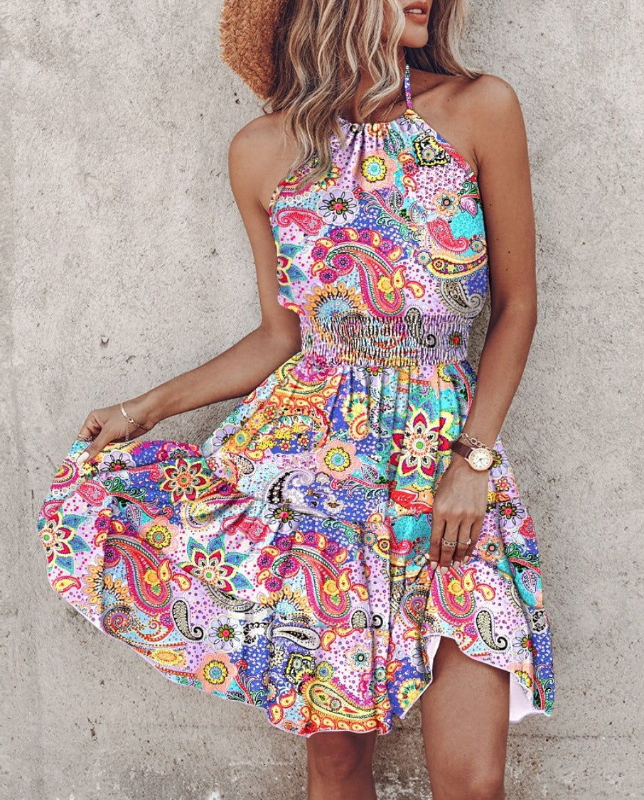 Summer European And American New Printed Halter Women's Dress