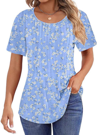 Round Neck Pleated Printed T-shirt - MimiStylez