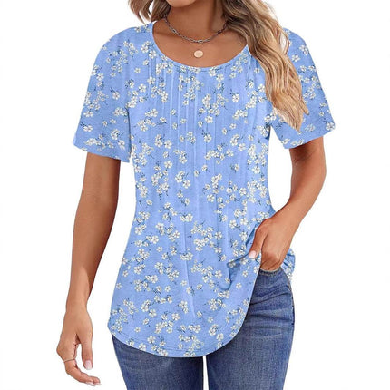 Round Neck Pleated Printed T-shirt - MimiStylez