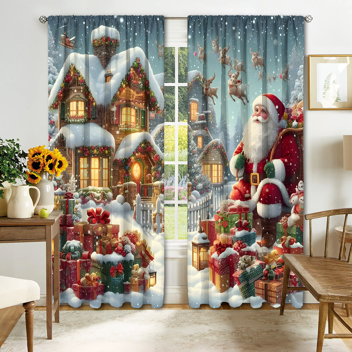 2PCS Christmas Curtain Factory 3D Digital Printing Cross-border Amazon Curtain Hot Selling Flower