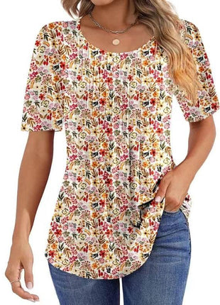 Round Neck Pleated Printed T-shirt - MimiStylez