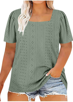 Casual U-neck Solid Color Hollow Loose-fitting T-shirt Top Plus Size - MimiStylez