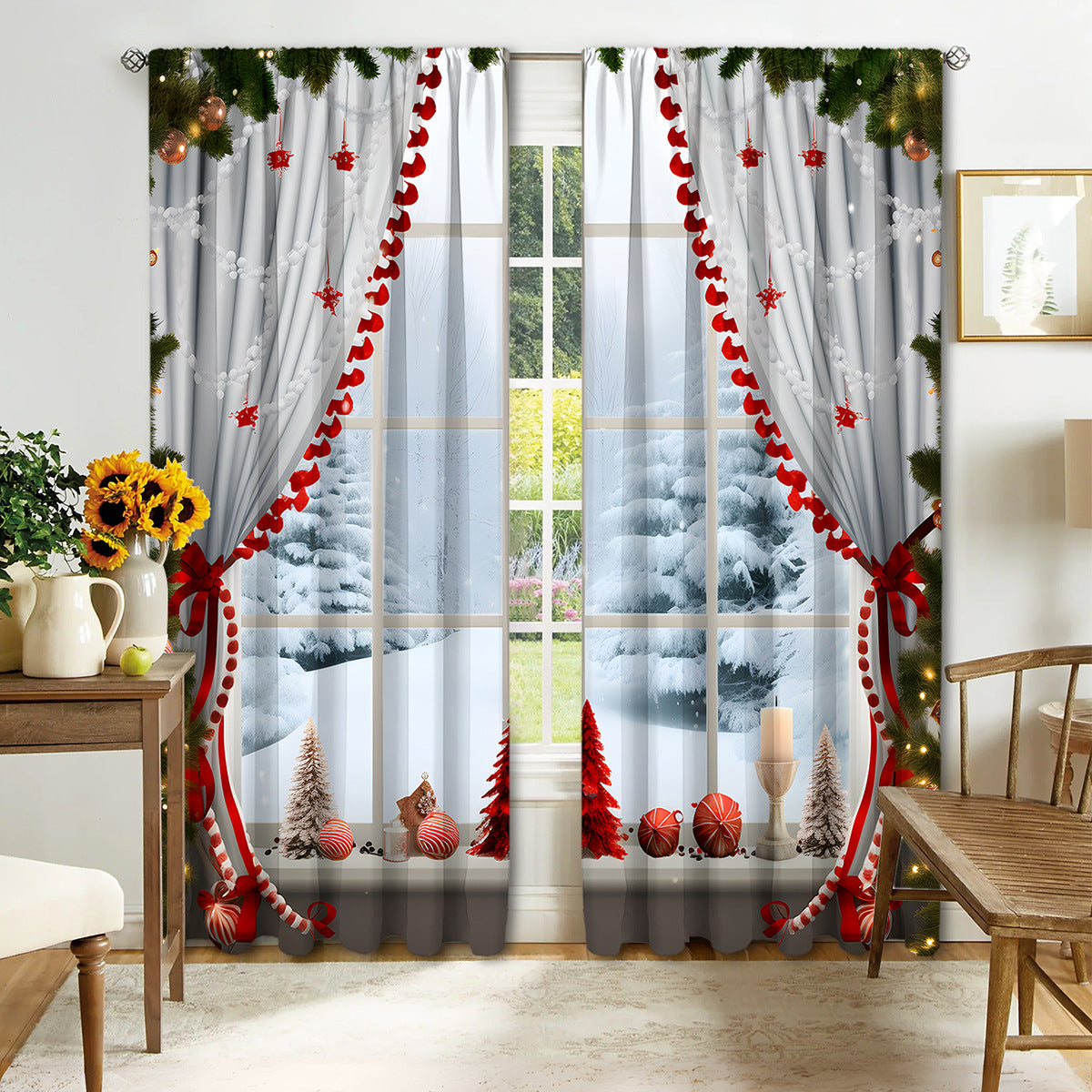 2PCS Christmas Curtain Factory 3D Digital Printing Cross-border Amazon Curtain Hot Selling Flower