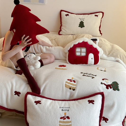 Christmas Thickened Cashmere Four-piece Duvet Set