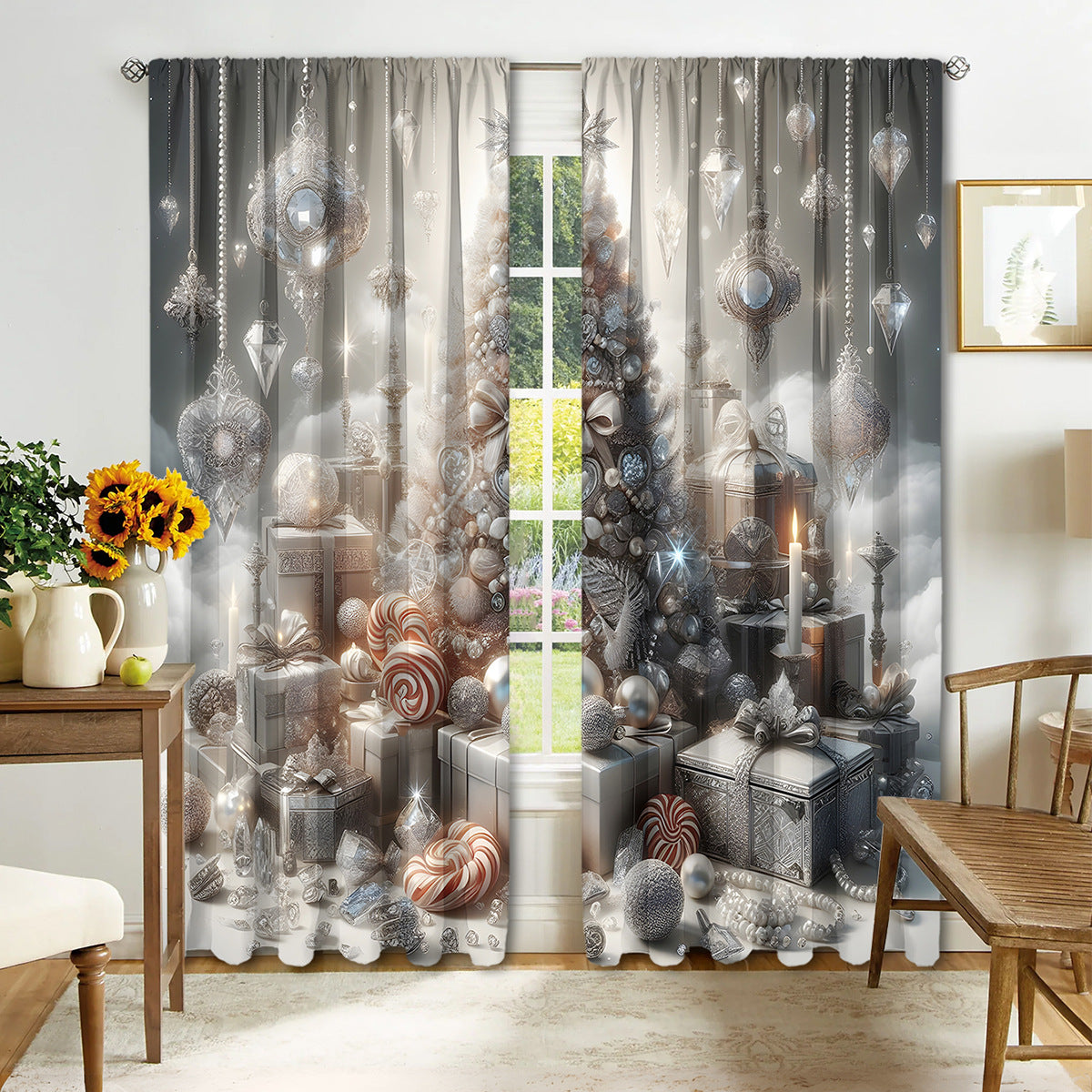 2PCS Christmas Curtain Factory 3D Digital Printing Cross-border Amazon Curtain Hot Selling Flower