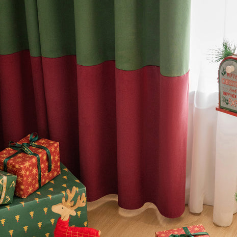 Cross-border New Christmas Velvet Curtain Living Room Bedroom Shading Retro Finished Curtain Red And Green Stitching Curtain