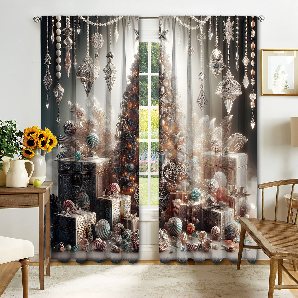 2PCS Christmas Curtain Factory 3D Digital Printing Cross-border Amazon Curtain Hot Selling Flower