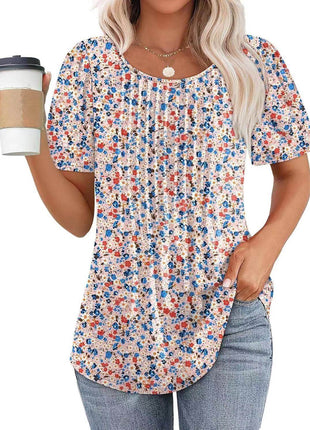 Round Neck Pleated Printed T-shirt - MimiStylez