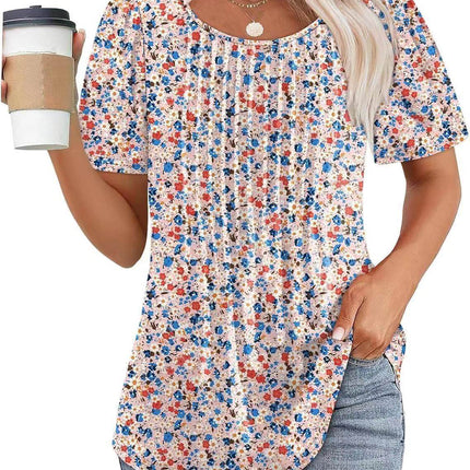Round Neck Pleated Printed T-shirt - MimiStylez