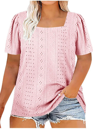 Casual U-neck Solid Color Hollow Loose-fitting T-shirt Top Plus Size - MimiStylez