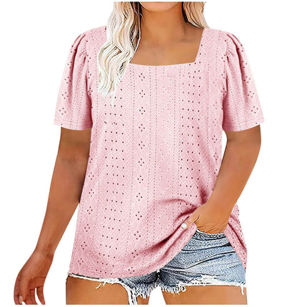 Casual U-neck Solid Color Hollow Loose-fitting T-shirt Top Plus Size - MimiStylez