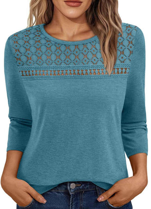 Women's Round Neck Top Lace Hollow Breathable Long Sleeve - MimiStylez