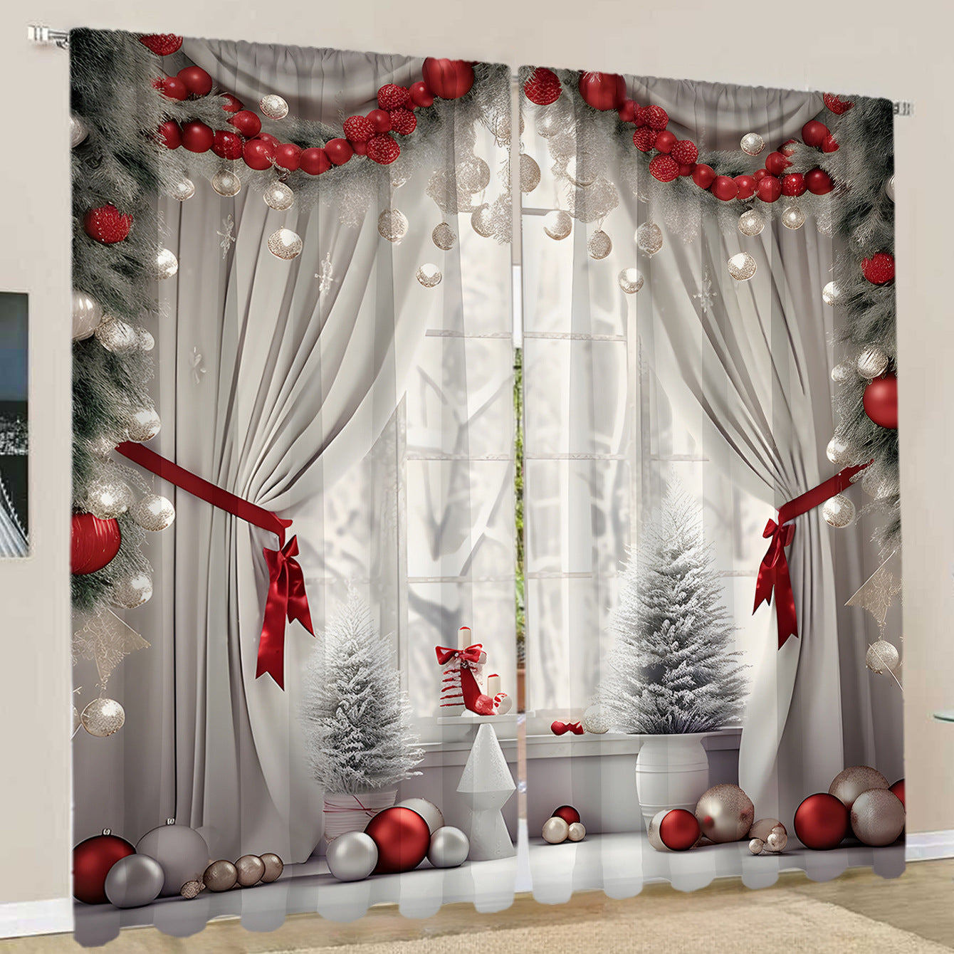 2PCS European Curtain Curtain Christmas Series Curtain Factory 3D Digital Printing Cross-border Amazon Curtain