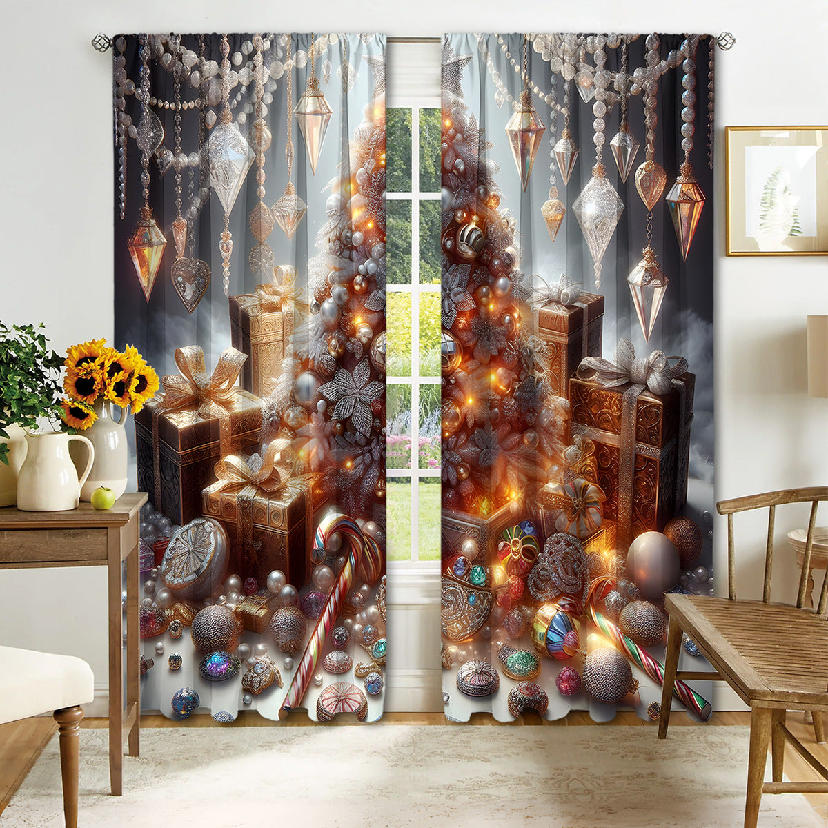 2PCS Christmas Curtain Factory 3D Digital Printing Cross-border Amazon Curtain Hot Selling Flower