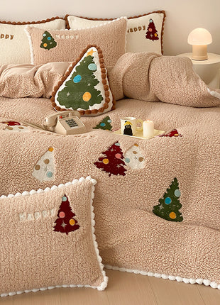 Winter Warm Christmas Tree Four-piece Duvet Set Fleece-lined Thickened