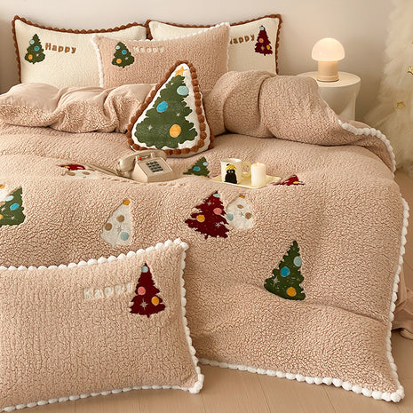 Winter Warm Christmas Tree Four-piece Duvet Set Fleece-lined Thickened