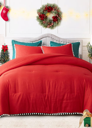 Cross-Border Quilt Kit Red Bohemian Ball Tassel Fat Quilt Chemical Fiber Quilt Quilt Three-Piece Set Manufacturer