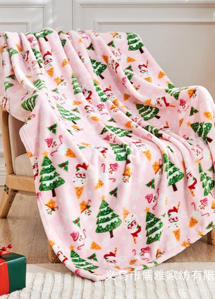 Flannel Christmas Blanket Soft Pink Blanket Christmas Theme Printed Home Living Room Bedroom Sofa Cover Blanket