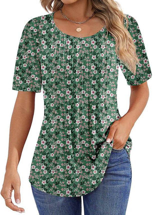 Round Neck Pleated Printed T-shirt - MimiStylez