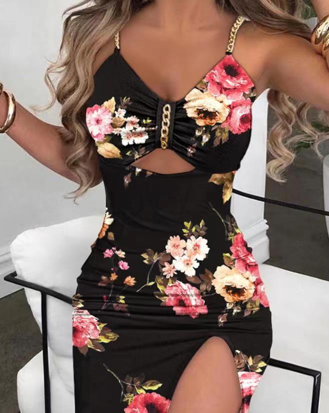 Summer Clothing New Women's Clothing Split Spaghetti-strap Floral Print Dress